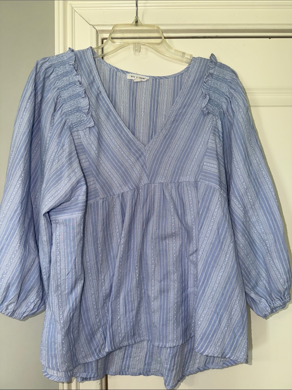 Blu Pepper Light Blue Striped V-Neck Ruffle Sleeve Tunic